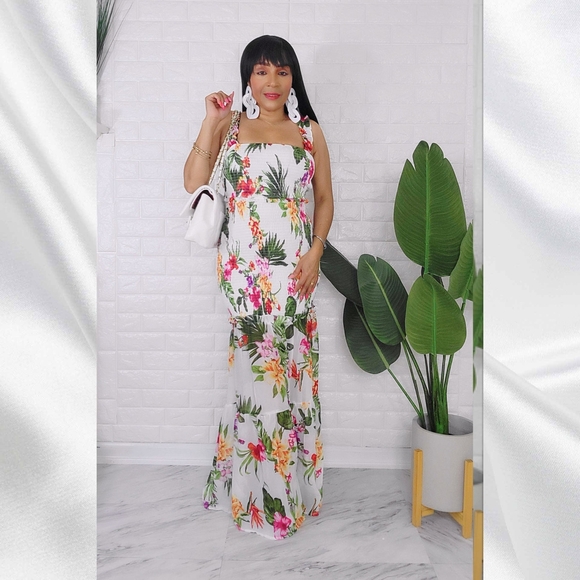 Ivory Floral Chiffon Smocked Ruffle Crop Top & Maxi Skirt Set - Picture 2 of 4